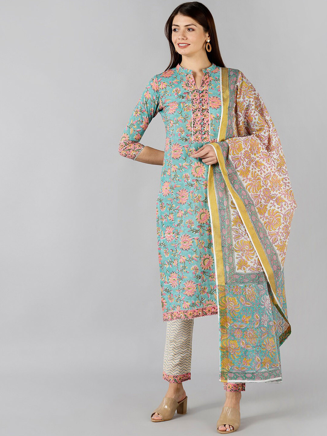

BAESD Ethnic Floral Printed Band Collar Pure Cotton Kurta With Trousers & Dupatta, Green