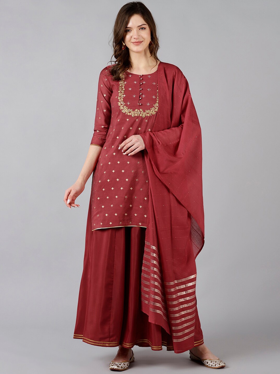 

BAESD Ethnic Printed Round Neck Straight Kurta With Sharara & Dupatta, Red