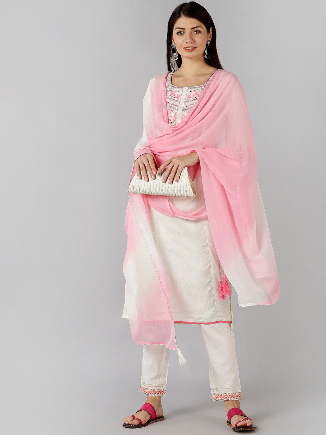 

BAESD Floral Embroidered Square Neck Three-Quarter Sleeves Mirror Work Kurta Set, Off white