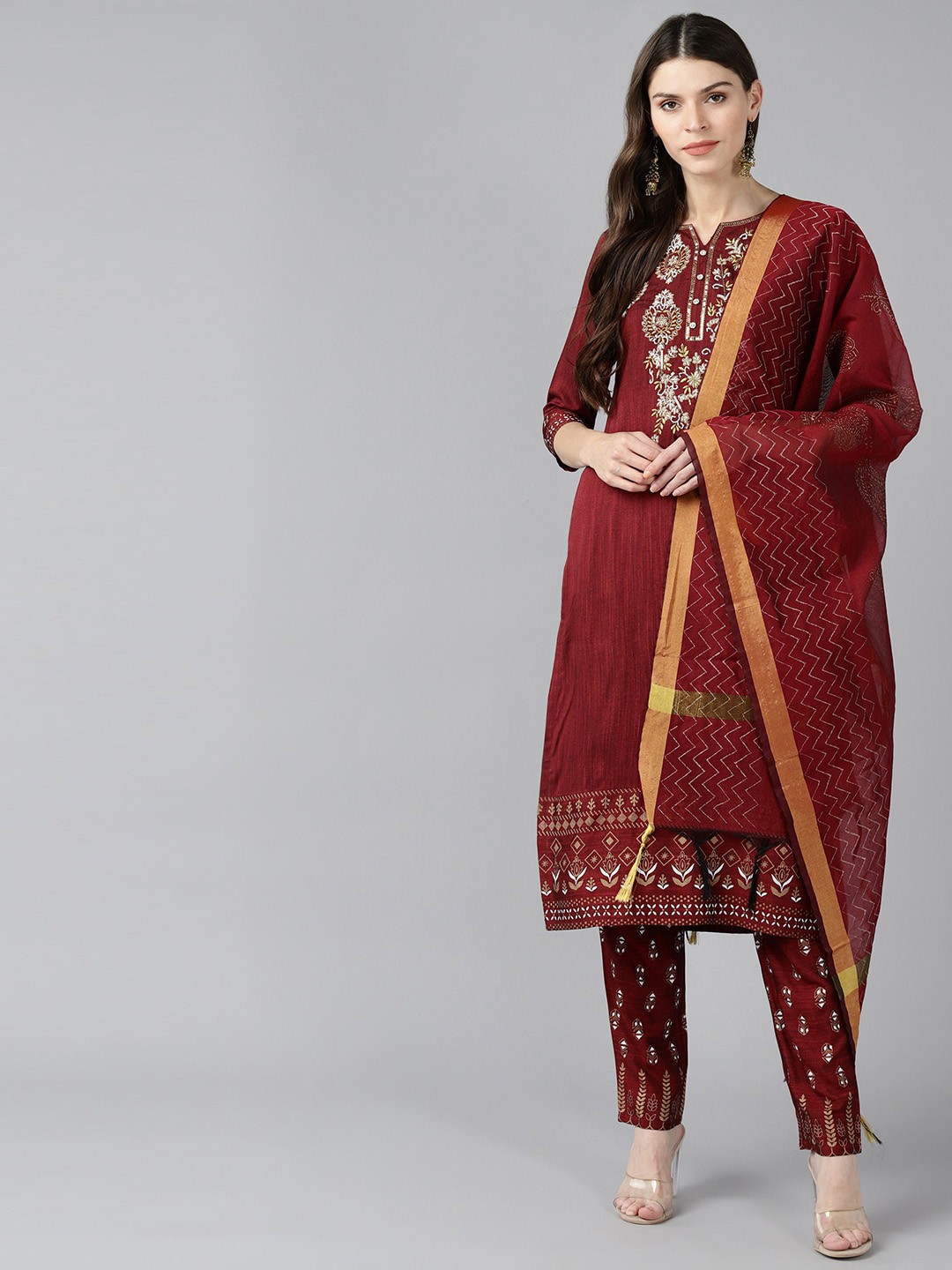 

BAESD Ethnic Motifs Embroidered Round Neck Liva Straight Kurta With Trousers & Dupatta, Red