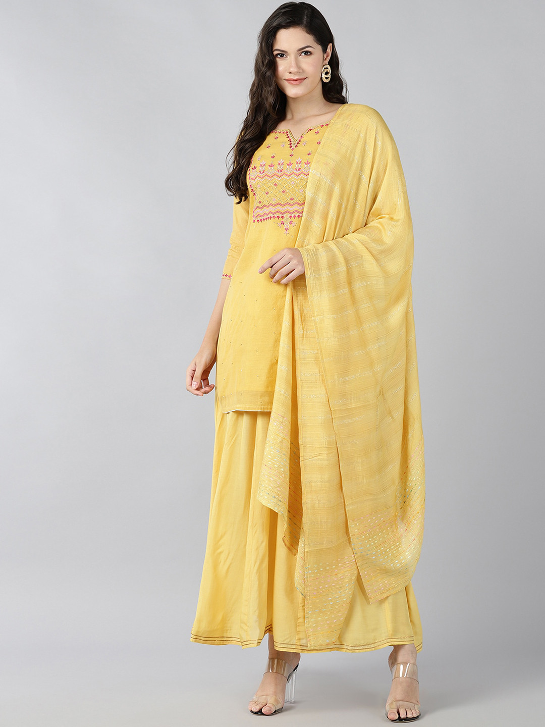 

BAESD Ethnic Motifs Printed Chanderi Cotton Straight Kurta with Sharara & Dupatta, Yellow