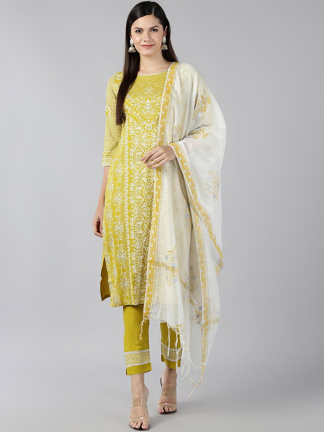 

BAESD Floral Printed Liva SCalf Length Straight Kurta With Trousers & Dupatta, Green