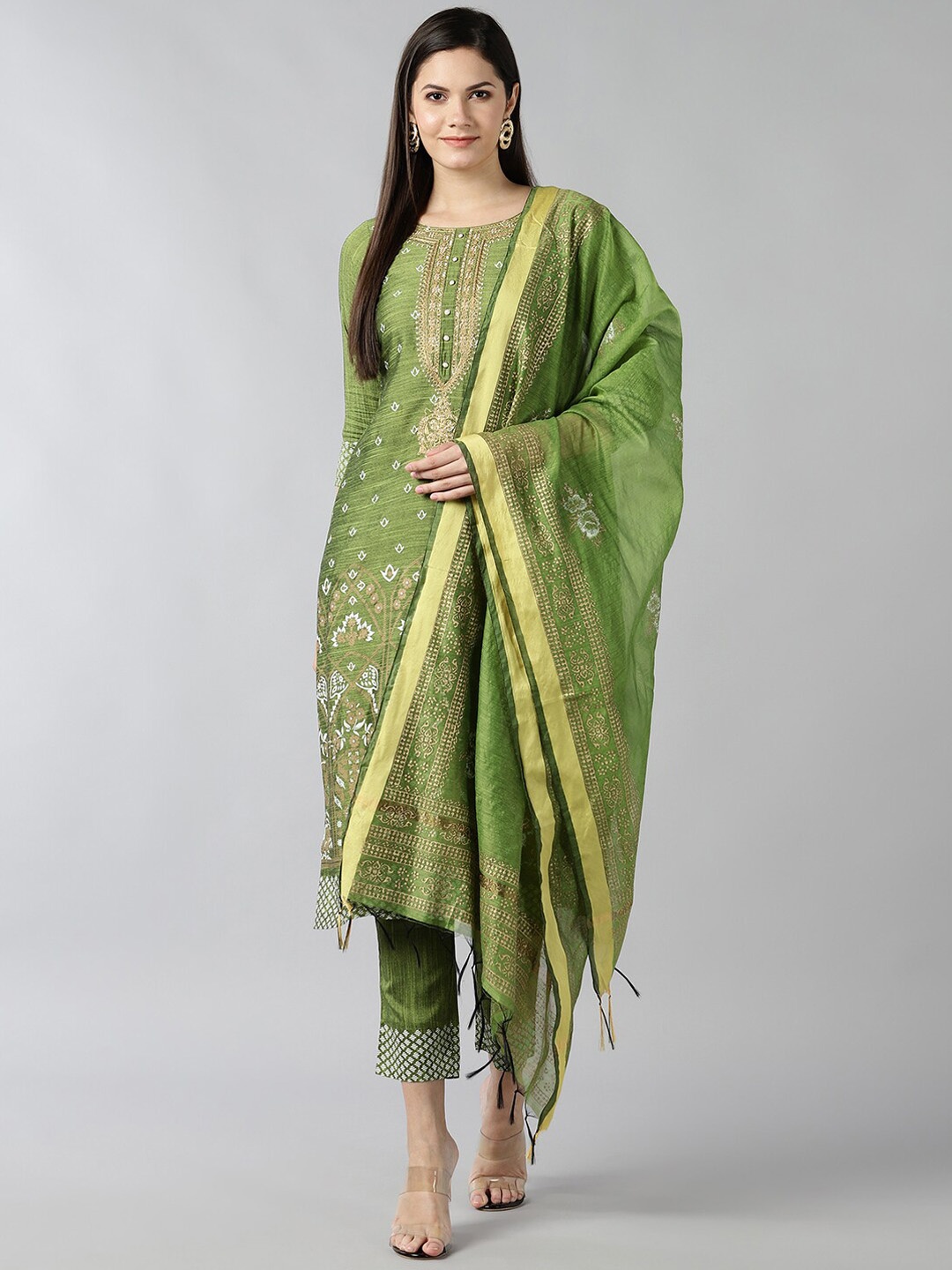 

BAESD Printed Round Neck Calf Length Straight Kurta With Trousers & Dupatta, Green