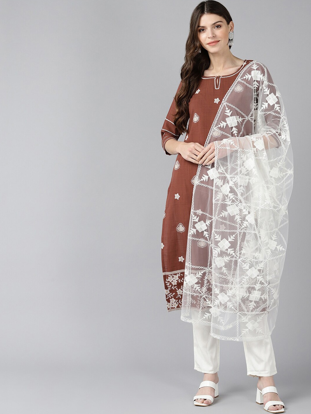 

BAESD Embroidered Printed Thread Work Straight Kurta With Trousers & Dupatta, Brown