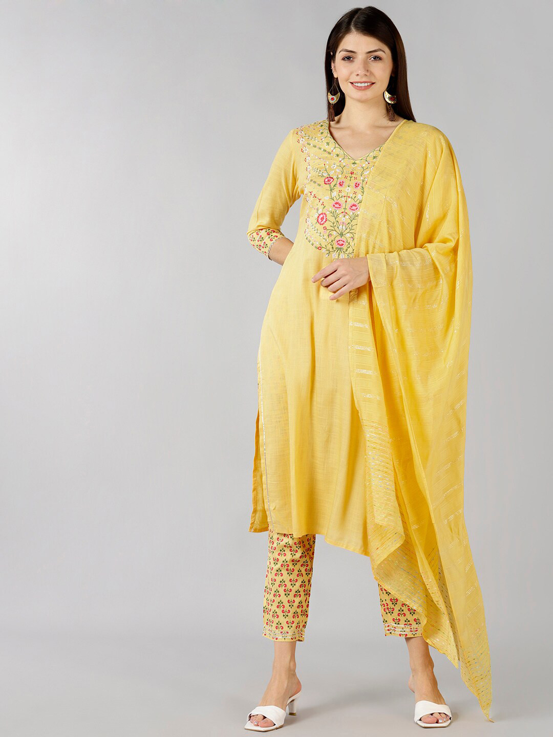 

BAESD Floral Embroidery Round Neck Yoke Design Straight Kurta with Trouser & Dupatta, Yellow