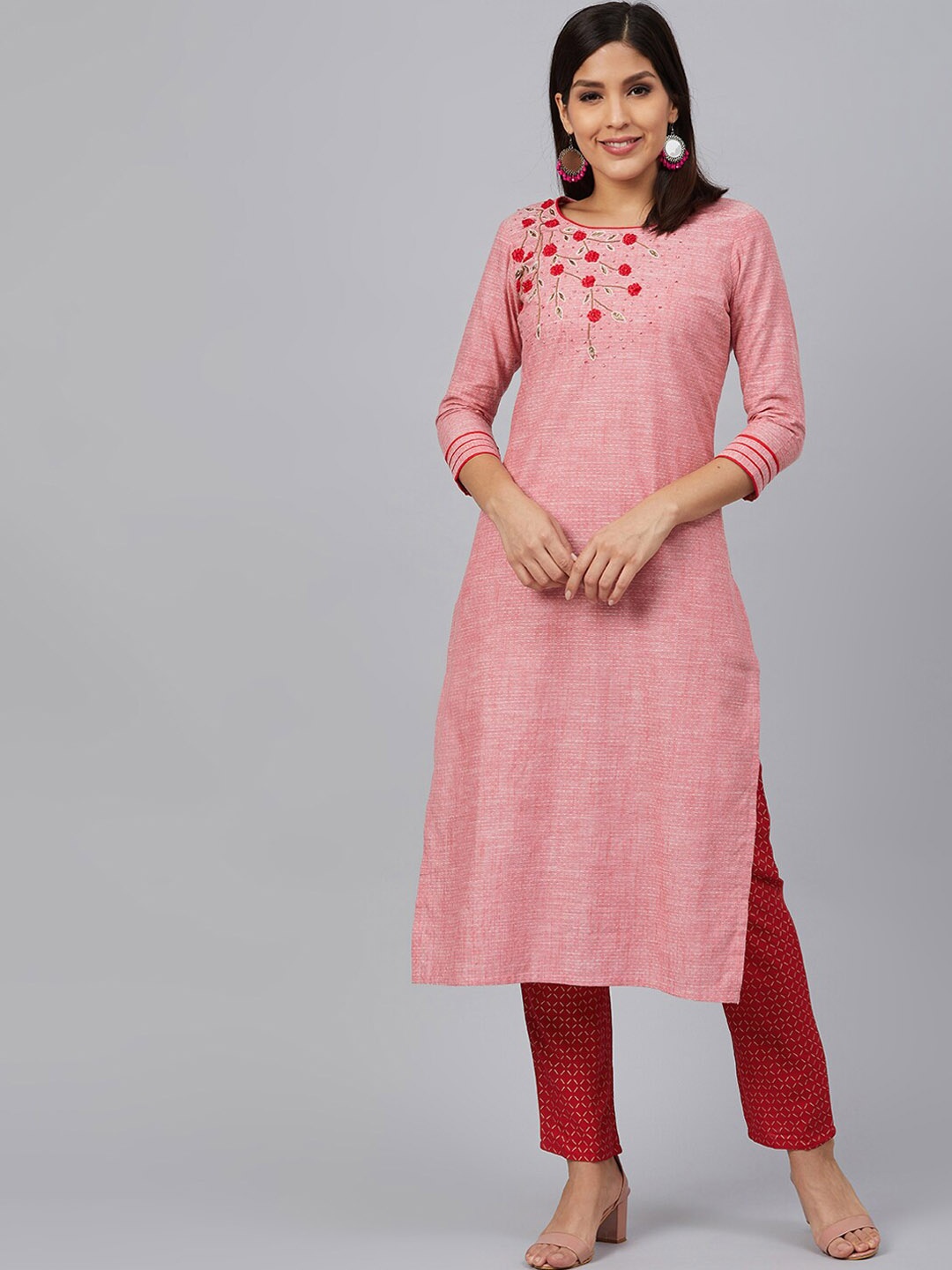 

BAESD Floral Embroidered Regular Round Neck A-Line Kurta with Trouser, Peach