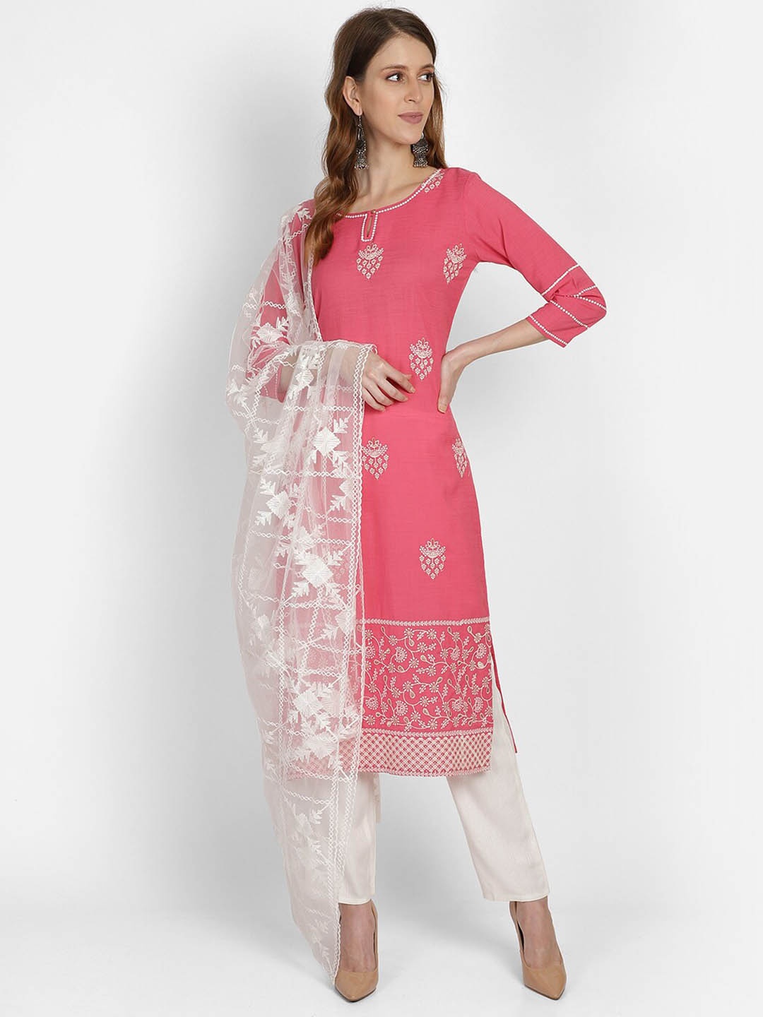 

BAESD Ethnic Motifs Embroidered Round Neck Straight Kurta with Trouser & Dupatta, Pink