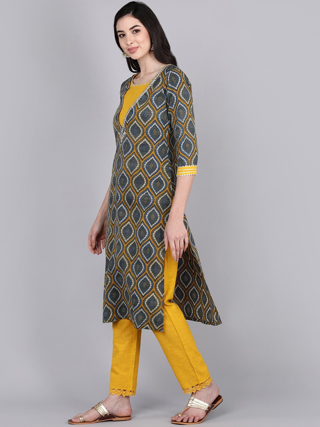 

BAESD Geometric Printed V Neck Pure Cotton Gotta Patti Kurta with Trouser & Dupatta, Yellow