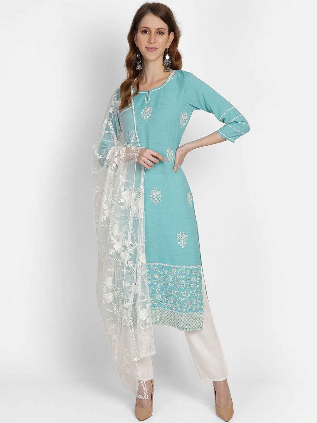 

BAESD Floral Embroidered Thread Work Notched Neck Straight Kurta with Trousers Dupatta, Green