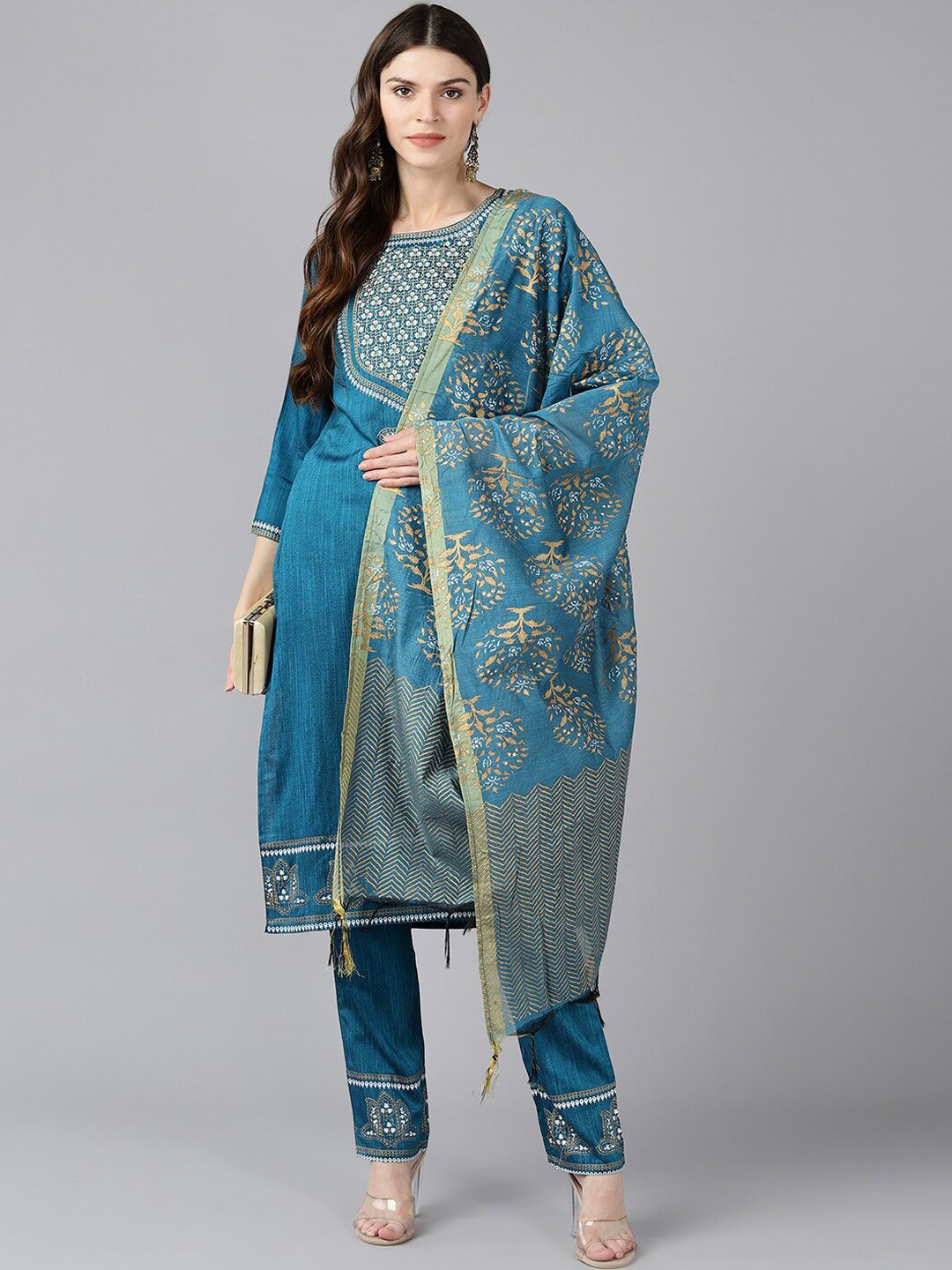 

BAESD Floral Embroidered Round Neck Regular Kurta with Trousers Dupatta, Blue