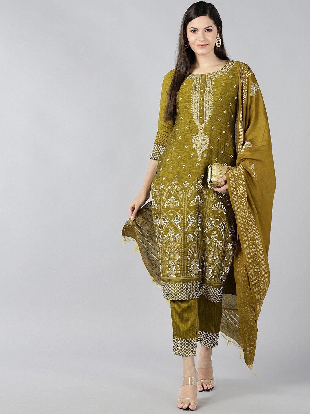 

BAESD Floral Printed Thread Work Round Neck Straight Kurta with Trousers Dupatta, Green