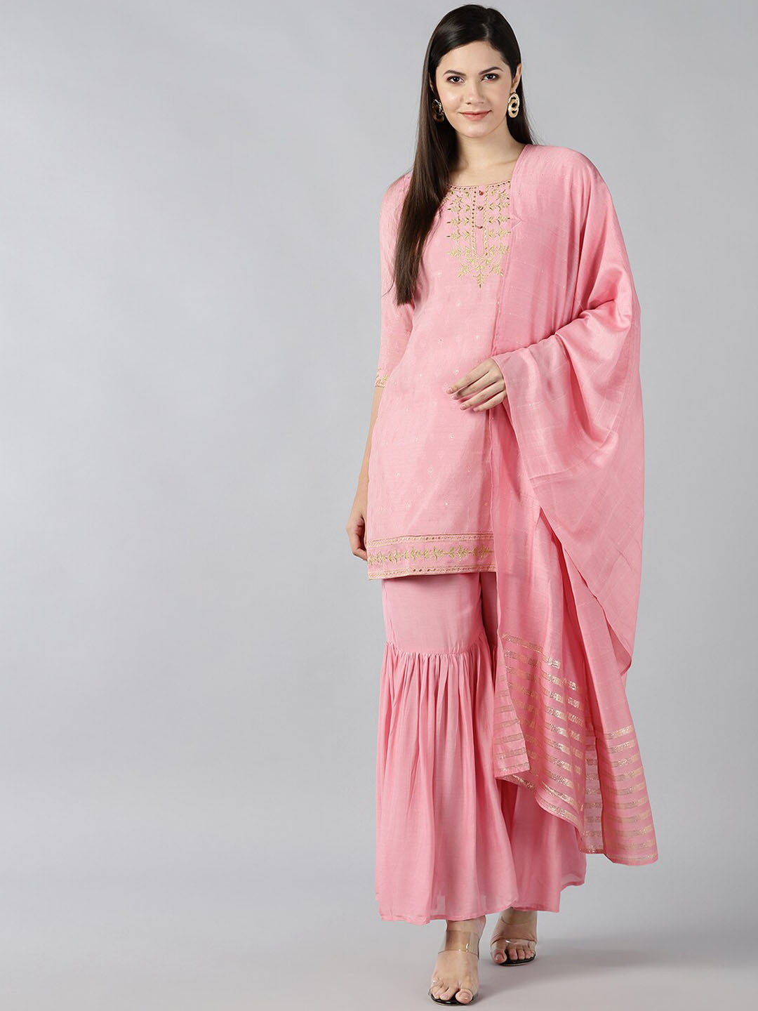 

BAESD Embroidered Thread Work Yoke Design Chanderi Cotton Kurta with Sharara Dupatta, Pink