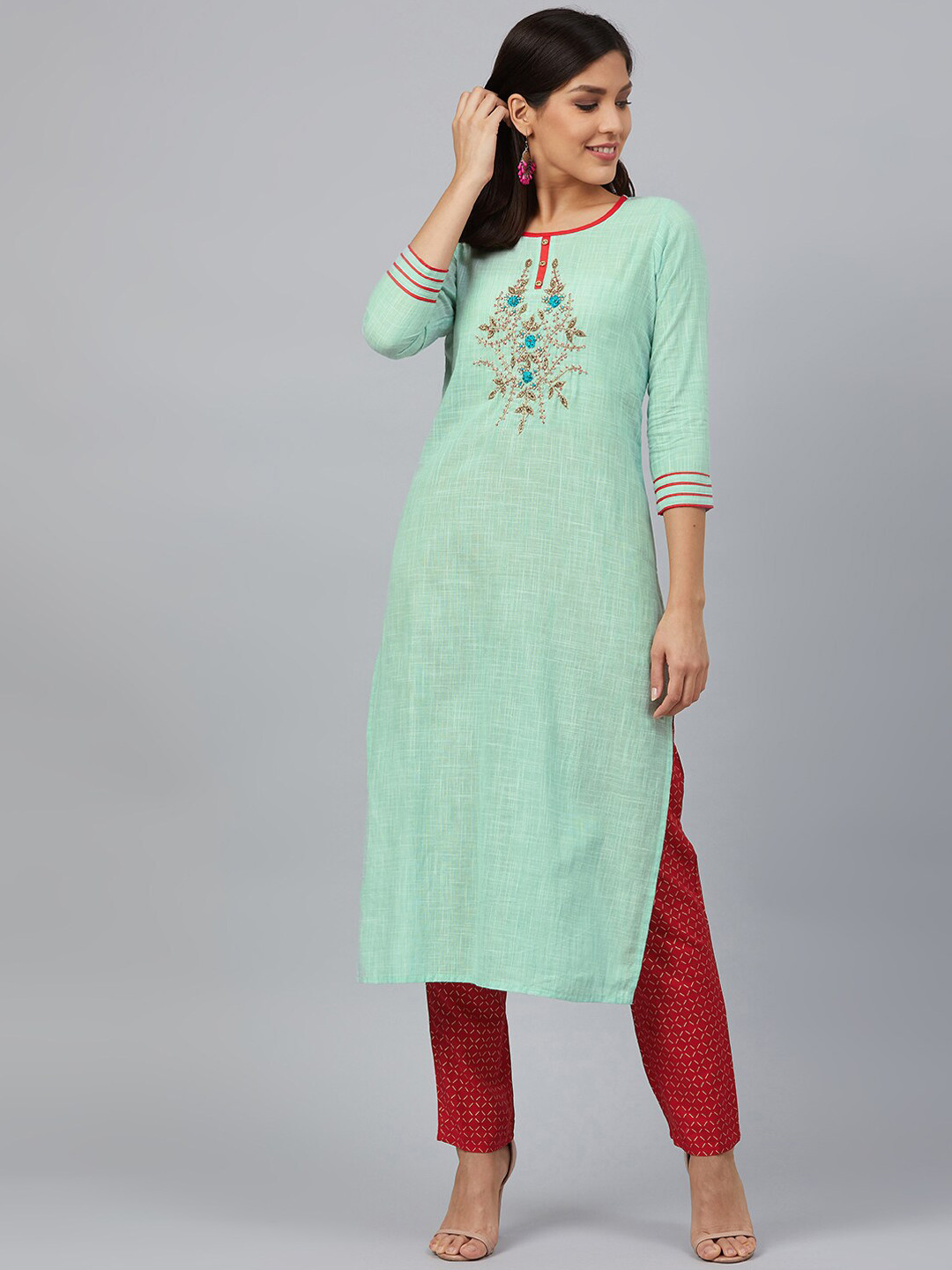 

BAESD Floral Embroidered Thread Work Yoke Design Round Neck Straight Kurta with Trouser, Green