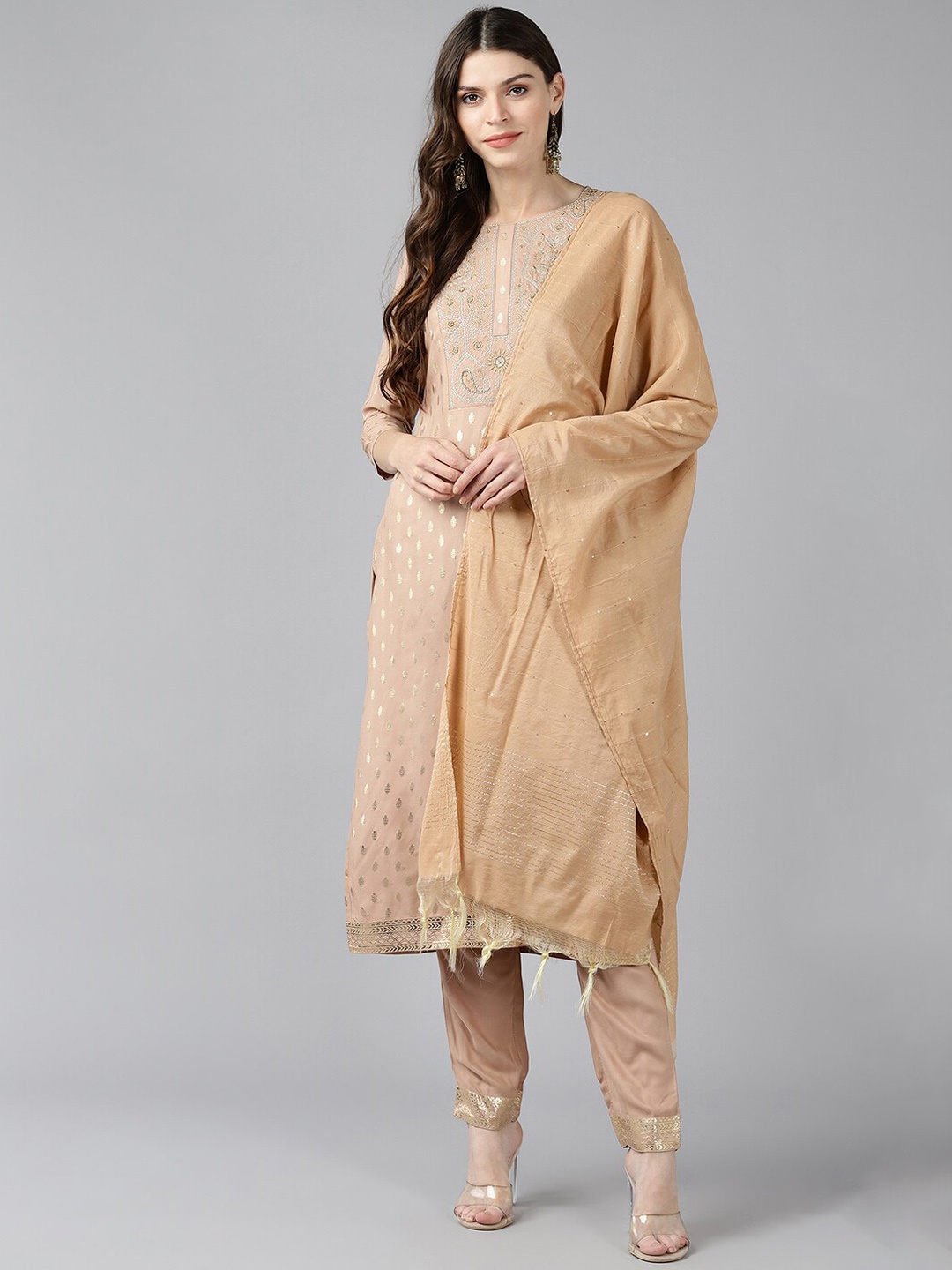 

BAESD Floral Embroidered Thread Work Yoke Design Round Neck Straight Kurta with Trouser, Beige