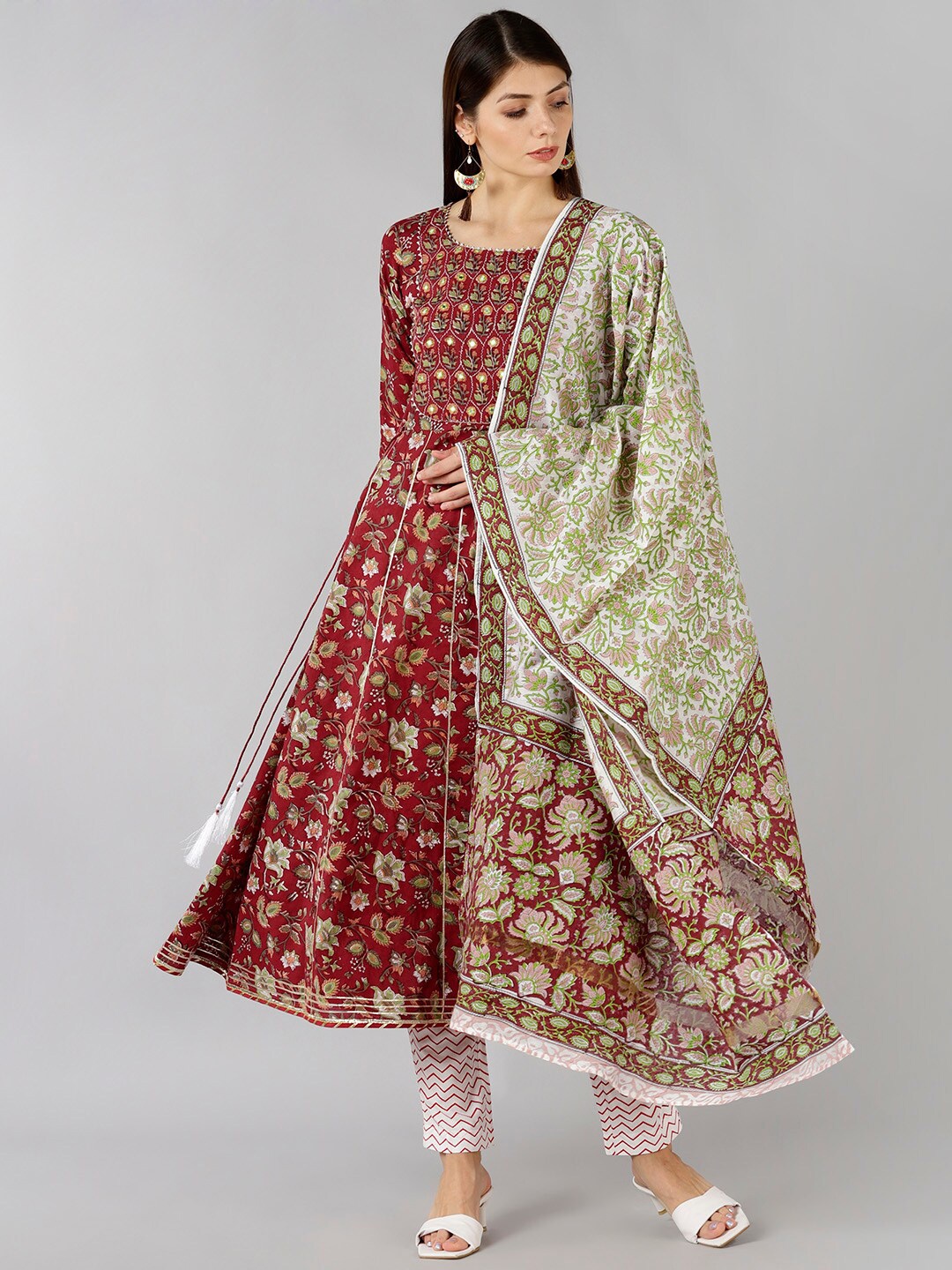 

BAESD Floral Printed Gotta Patti Pure Cotton Anarkali Kurta with Trousers Dupatta, Red