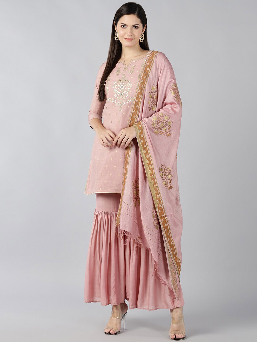 

BAESD Ethnic Motifs Mirror Work Notched Neck Chanderi Cotton Kurta with Sharara & Dupatta, Peach