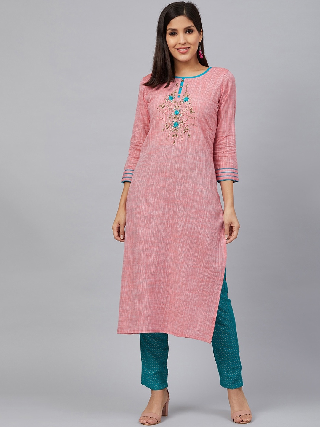 

BAESD Beads & Stones Embroidered Round Neck Liva Straight Kurta with Trouser, Pink
