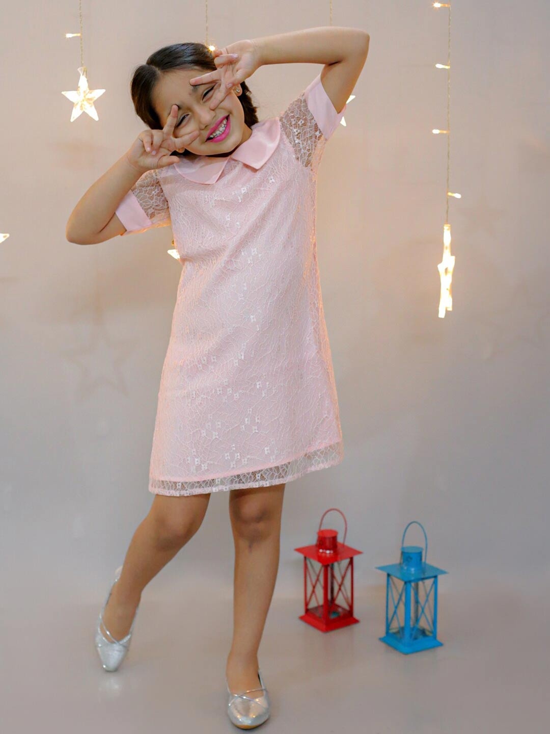 

KidsDew Girls Self Design Peter Pan Collar Lace A-Line Dress, Peach