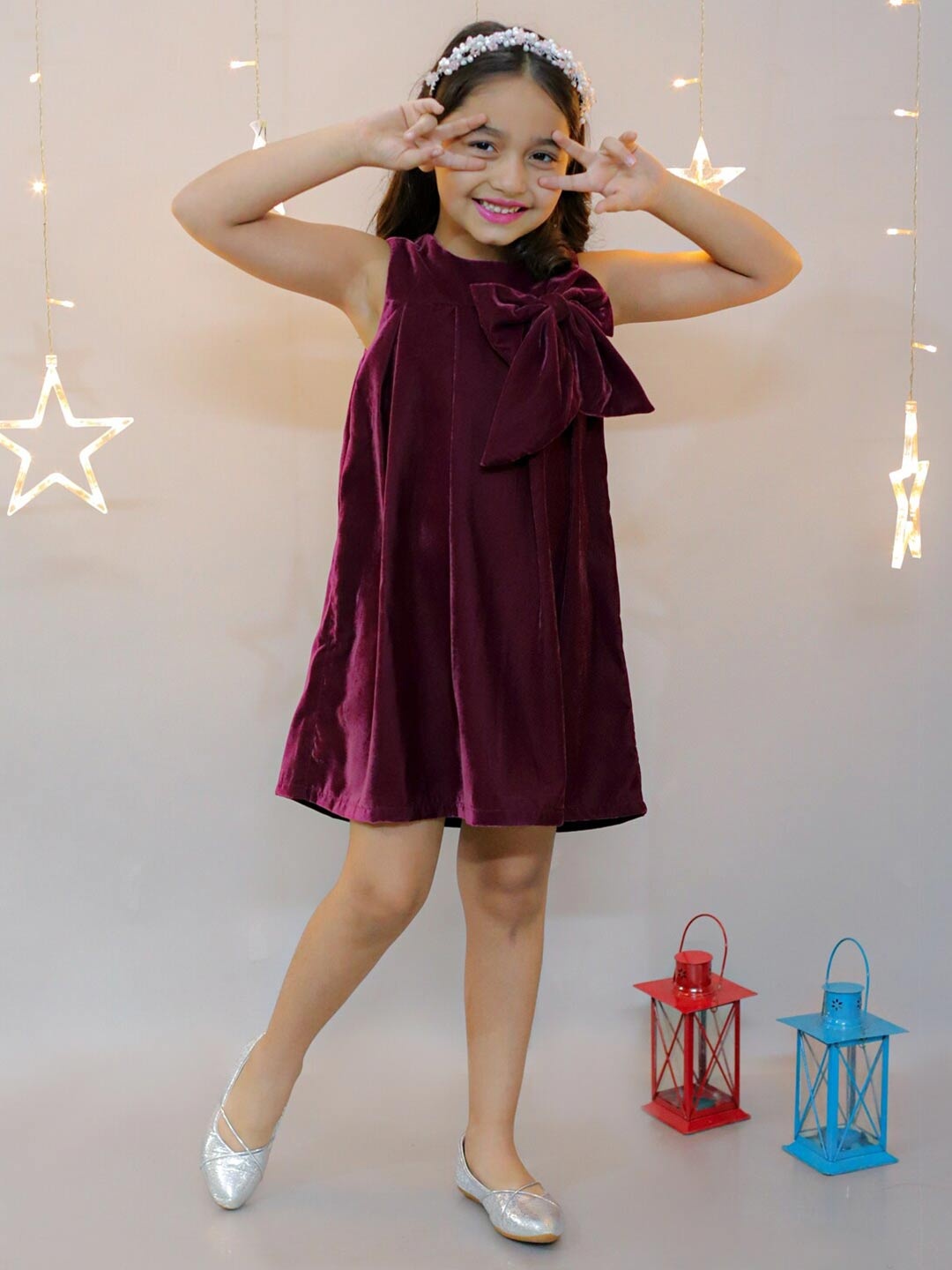 

KidsDew Girls Bow Detail Velvet A-Line Dress, Burgundy