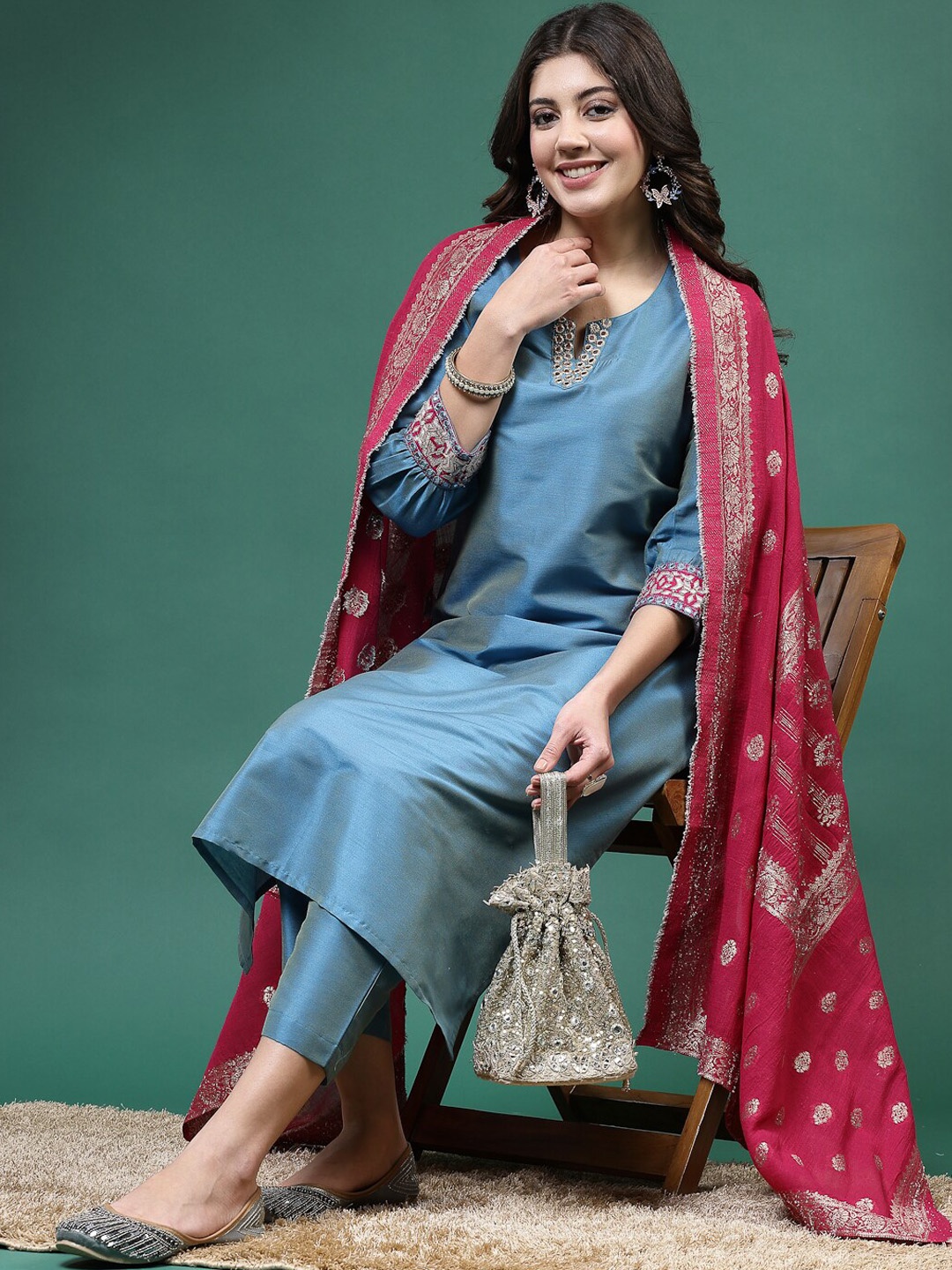 

Ramas Embroidered Mirror Work Notch Neckline Straight Kurta & Trousers With Dupatta, Blue