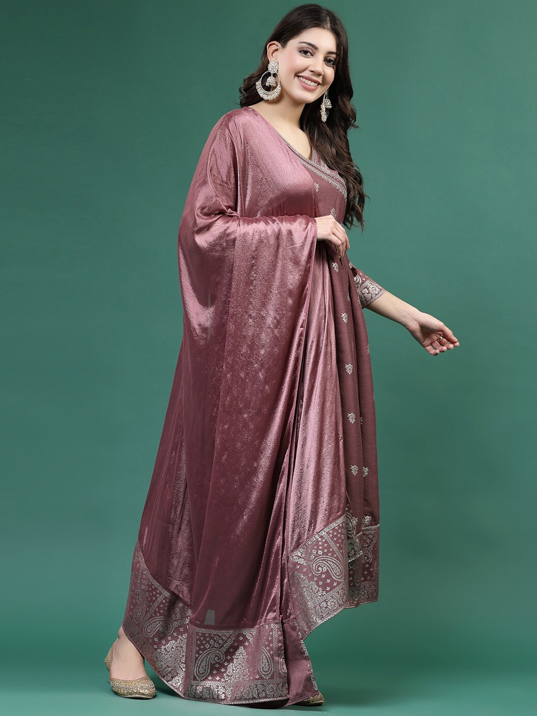 

Ramas Embroidered V-Neck Anarkali Kurta & Trousers With Dupatta, Mauve