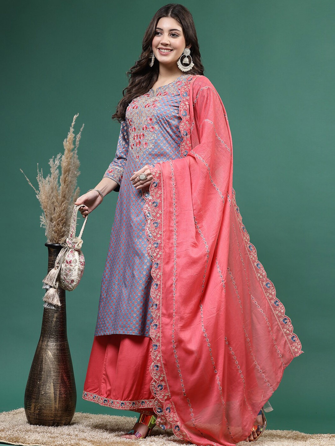 

Ramas Embroidered Notch Neckline Straight Kurta & Sharara With Dupatta, Grey