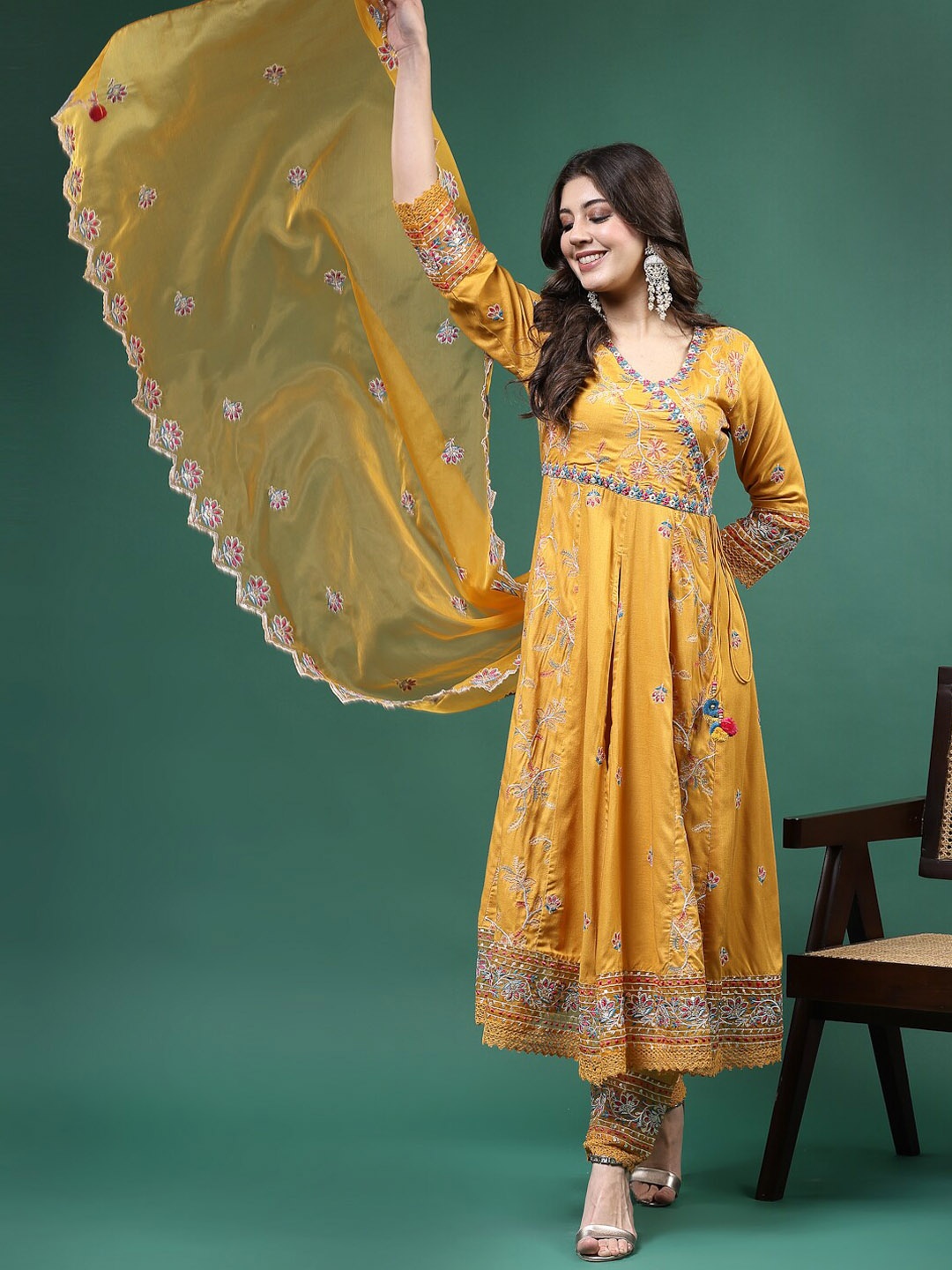 

Ramas Embroidered V-Neck Anarkali Kurta & Trousers With Dupatta, Mustard