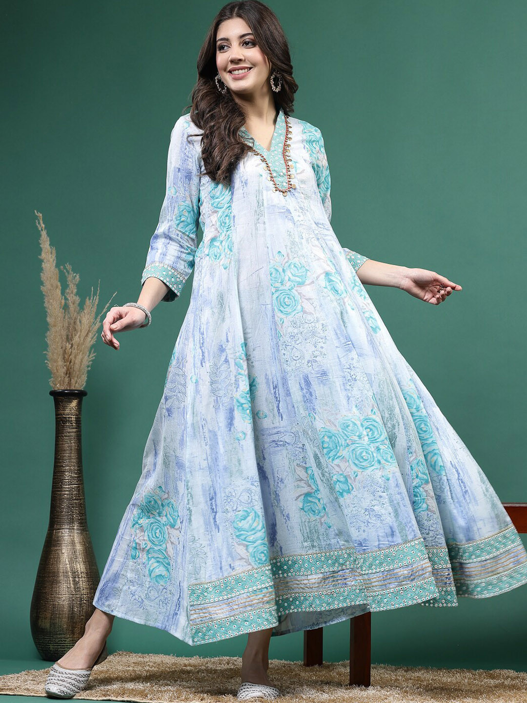 

Ramas Floral Embroidered Mirror Work Anarkali Kurta, Turquoise blue