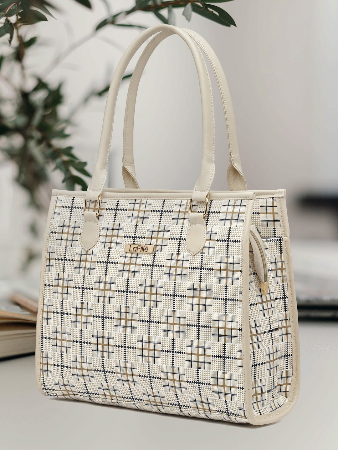 

LaFille Checked PU Handheld Bag, Beige