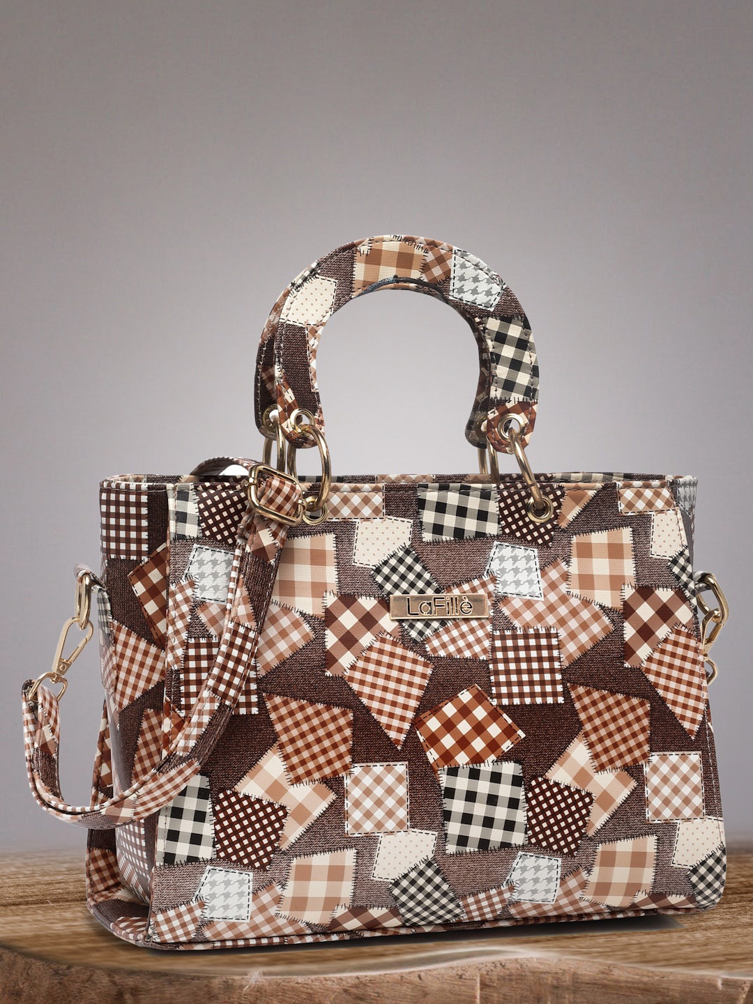

LaFille Checked Structured Handheld Bag, Brown