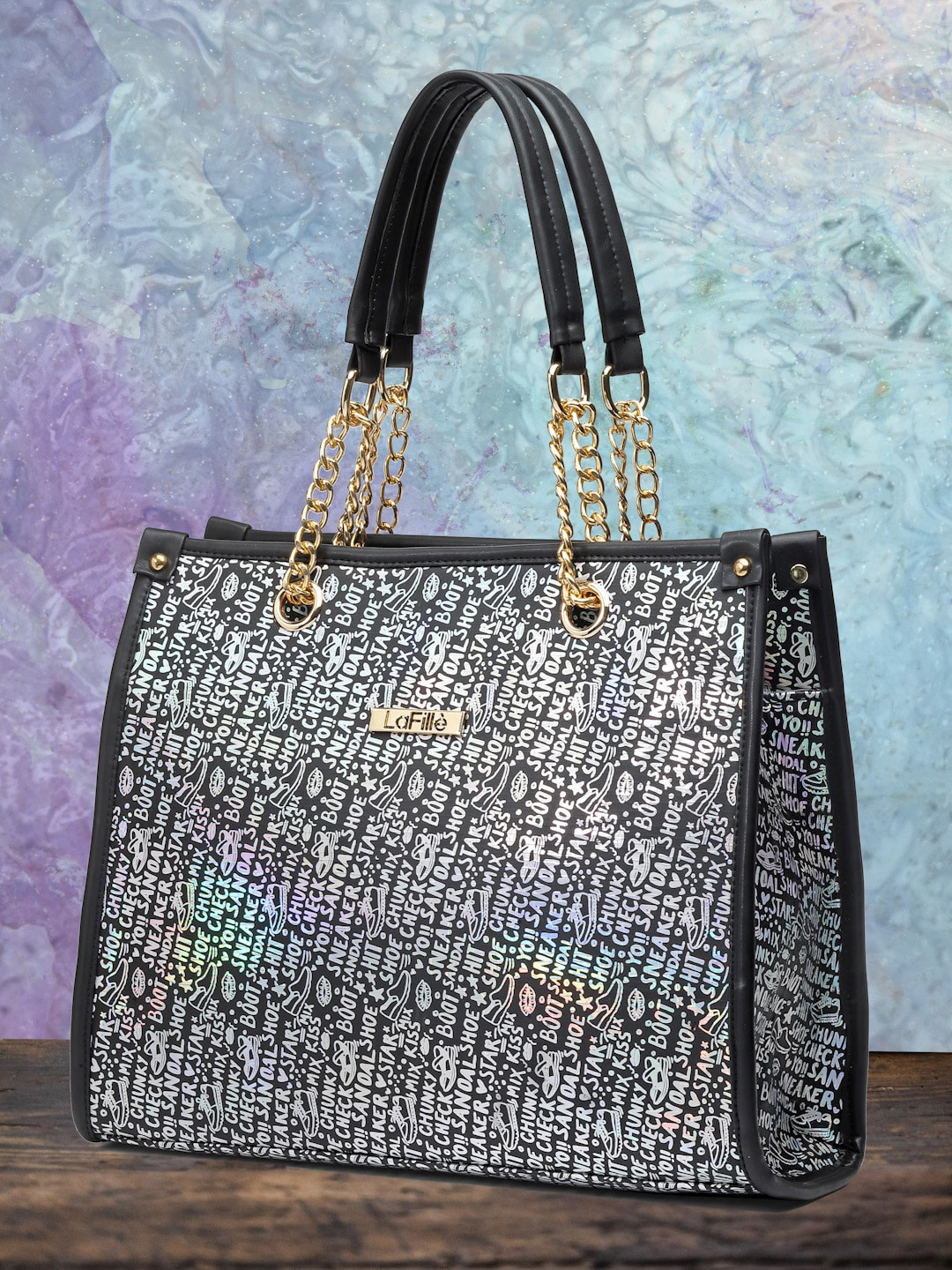 

LaFille Typography Printed PU Handheld Bag, Black