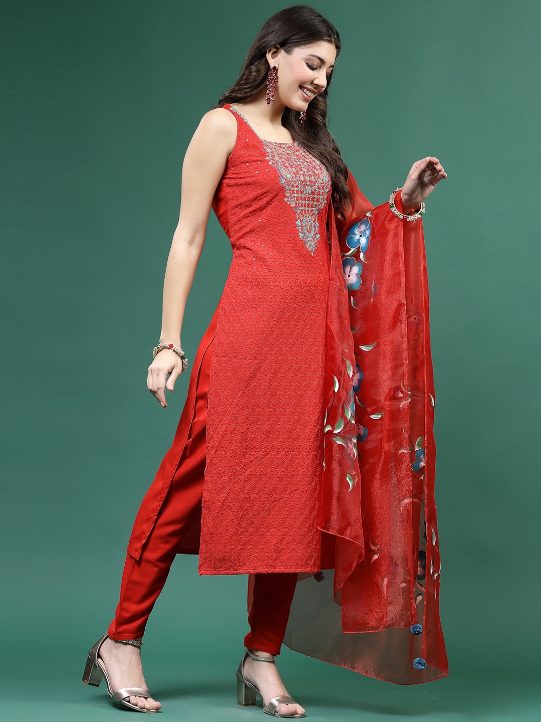 

Ramas Embroidered Round Neckline Straight Kurta & Trousers With Dupatta, Red