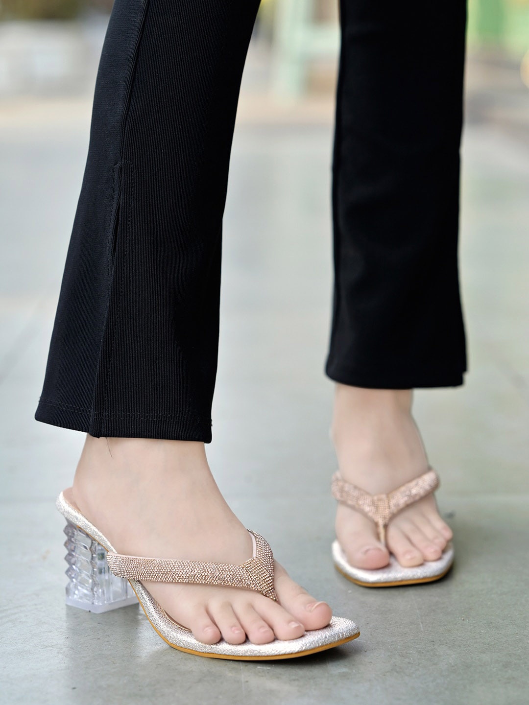 

Shoetopia Embellished Open Toe Block Heels, Gold