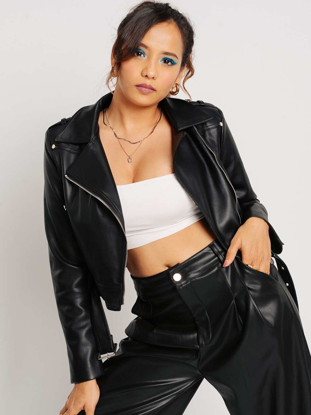

FREAKINS Black Lapel Collar Biker Jacket