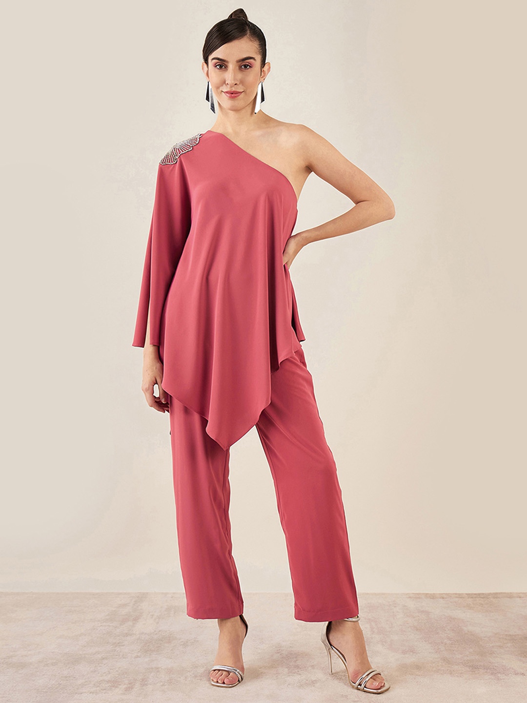 

First Resort by Ramola Bachchan One Shoulder Asymmetrical Top With Trouser, Peach