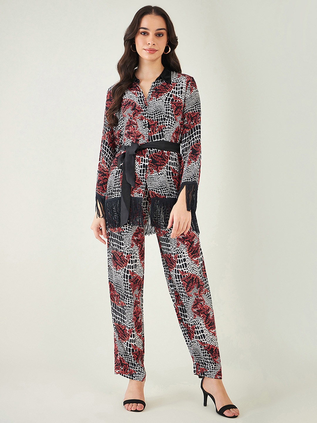 

First Resort by Ramola Bachchan Printed Shirt Collar Top With Trouser & Belt, Red