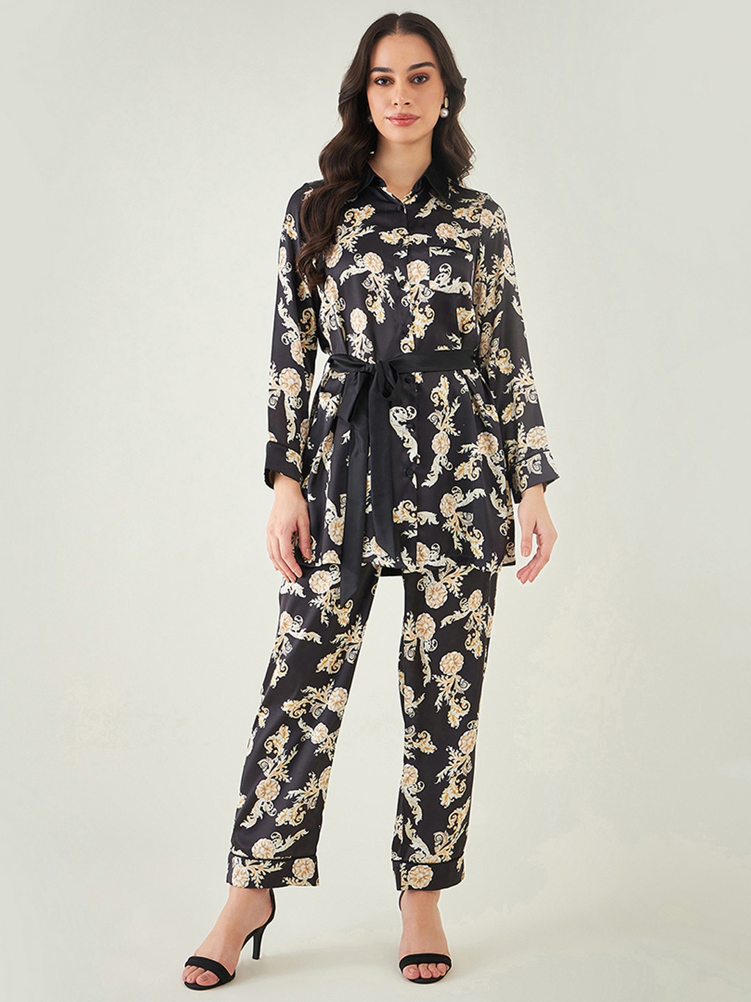 

First Resort by Ramola Bachchan Long Sleeves Printed Shirt With Trouser, Black