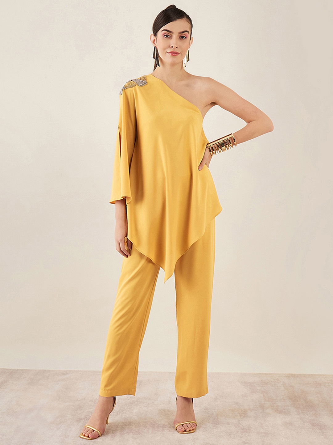 

First Resort by Ramola Bachchan One Shoulder Asymmetrical Top With Trouser, Mustard