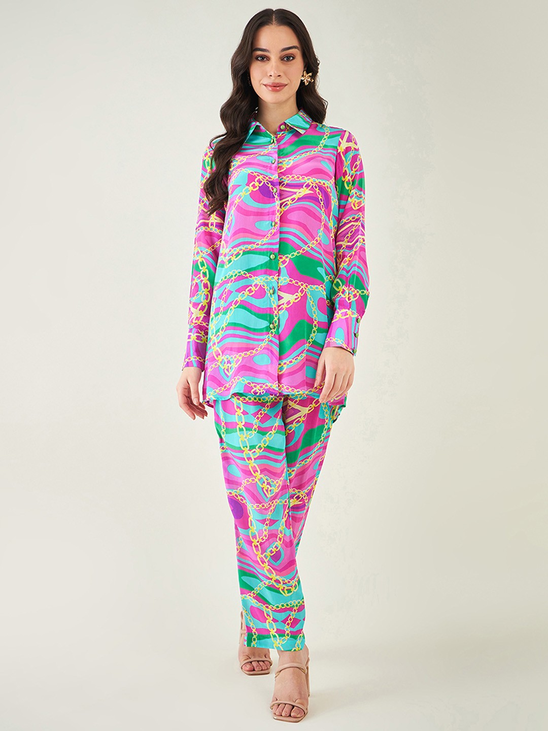 

First Resort by Ramola Bachchan Long Sleeves Printed Shirt With Trouser, Pink