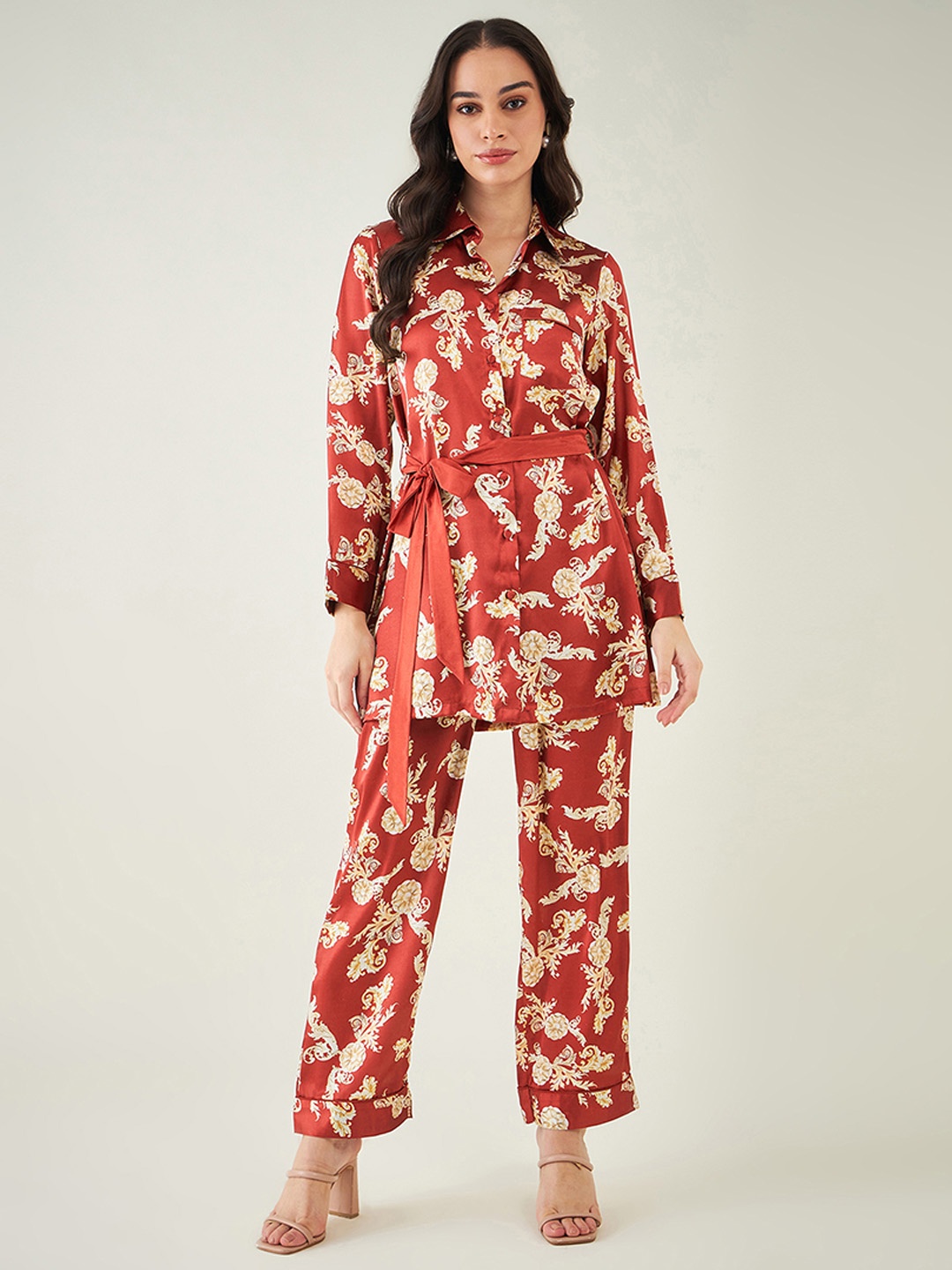 

First Resort by Ramola Bachchan Printed Shirt With Trouser & Belt, Red