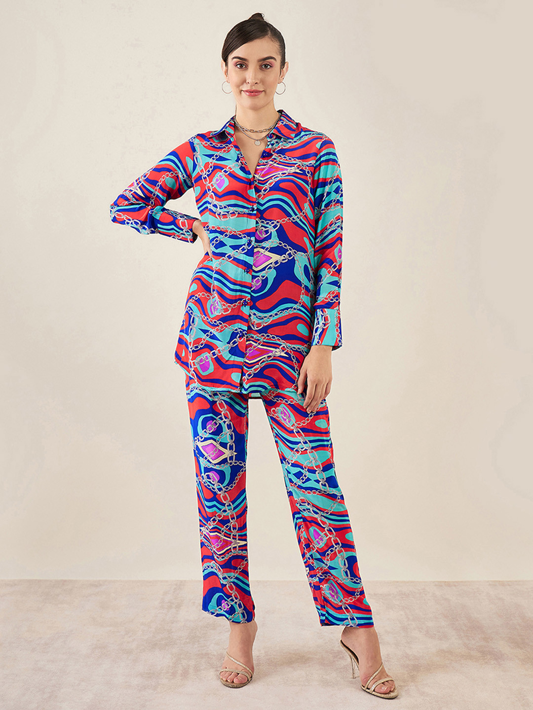 

First Resort by Ramola Bachchan Long Sleeves Printed Shirt With Trouser, Blue