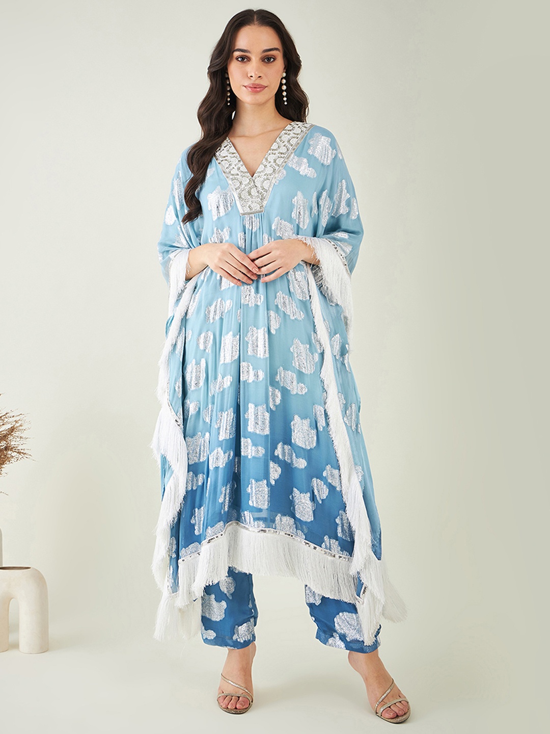 First Resort by Ramola Bachchan Women Ethnic Motifs Beaded Kaftan Kurta with Trousers, Blue