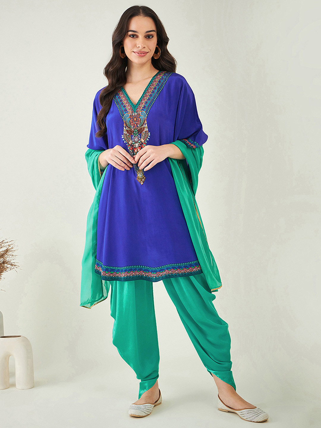 

First Resort by Ramola Bachchan Women Embroidered Kurti with Dhoti Pants & With Dupatta, Blue