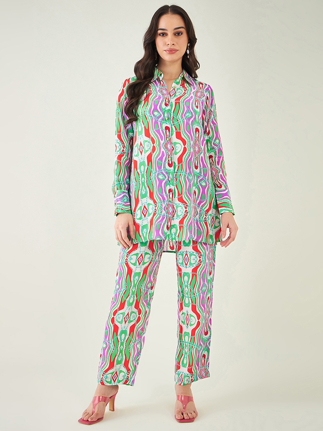 

First Resort by Ramola Bachchan Long Sleeves Printed Shirt With Trouser, Green