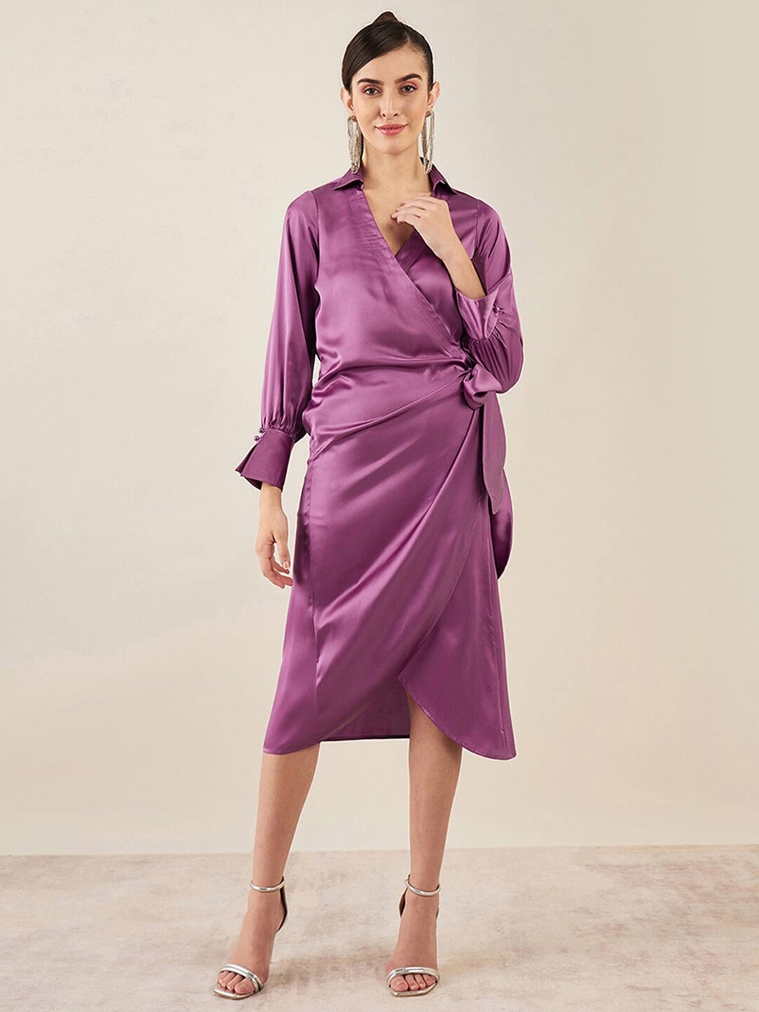 

First Resort by Ramola Bachchan Shirt Collar Satin Wrap Midi Dress, Lavender