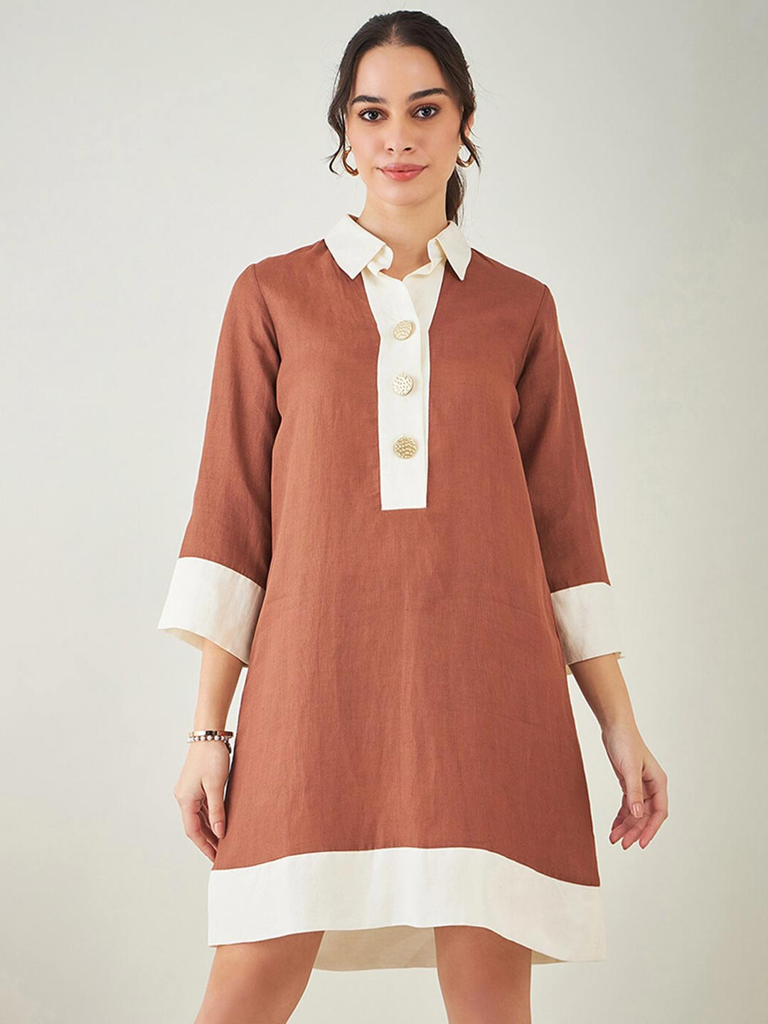 

First Resort by Ramola Bachchan Colourblocked Shirt Collar T-Shirt Dress, Brown