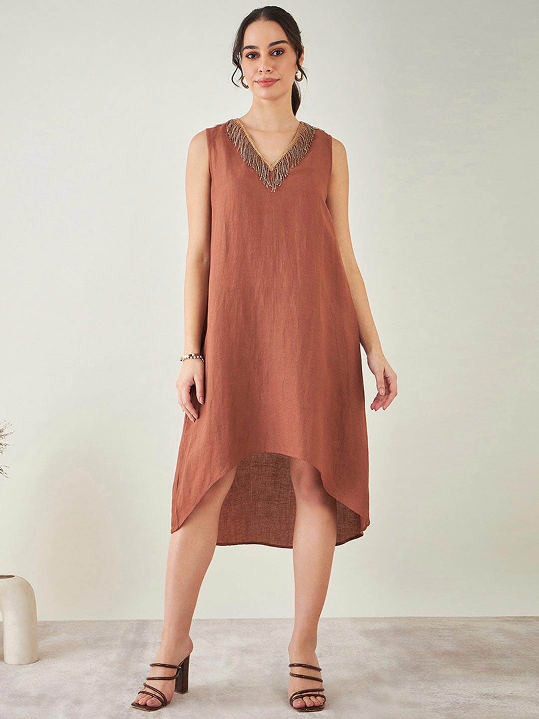 

First Resort by Ramola Bachchan Embellished High-Low Hem Linen A-Line Dress, Brown