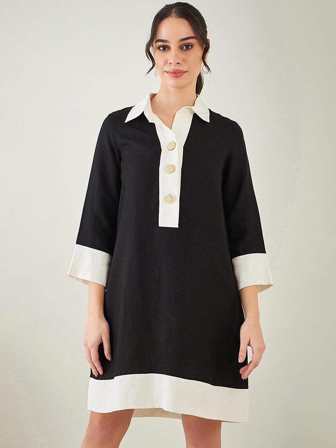 

First Resort by Ramola Bachchan Colourblocked Shirt Collar T-Shirt Dress, Black