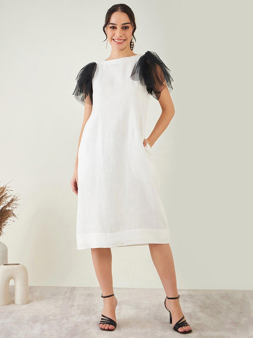 First Resort by Ramola Bachchan Contrast Sleeves Linen Made to Measure A-Line Dress, Off white