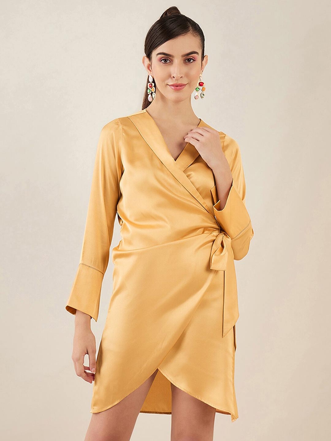 

First Resort by Ramola Bachchan Satin Wrap Mini Dress, Gold